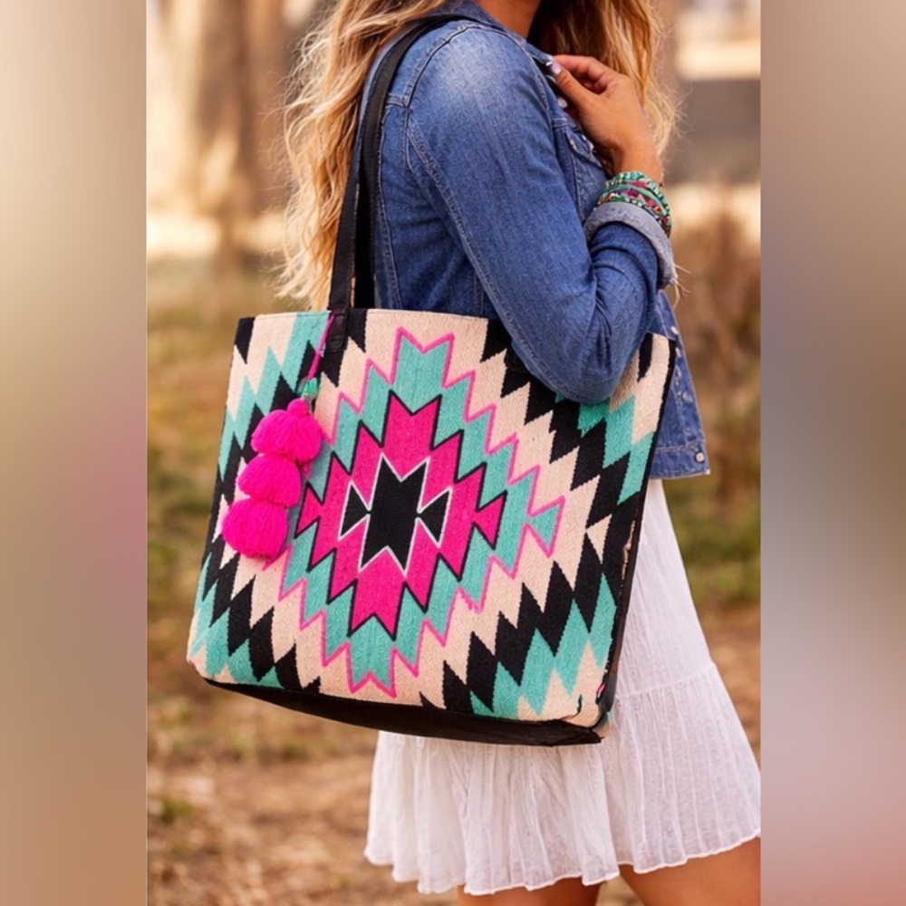 Aztec Pattern XL Tote Bag with Tassel Trim - Picture 2 of 5